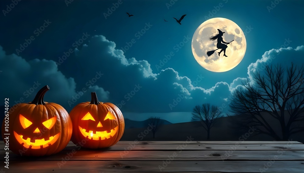 A witch is flying over a group of pumpkins A witch is flying over a group of pumpkins