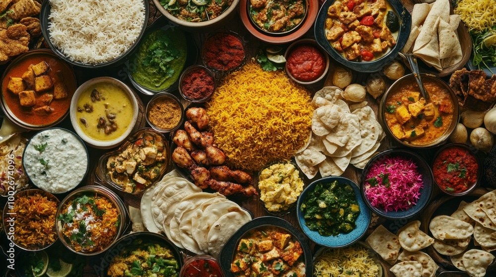 A colorful spread of Indian dishes like biryani, chicken tikka, dal, and palak paneer, beautifully arranged in a food collage. A colorful spread of Indian dishes like biryani, chicken tikka, dal, and palak paneer, beautifully arranged in a food collage.