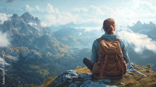 Wallpaper Mural A woman sits on a mountain top with a backpack on her back Torontodigital.ca