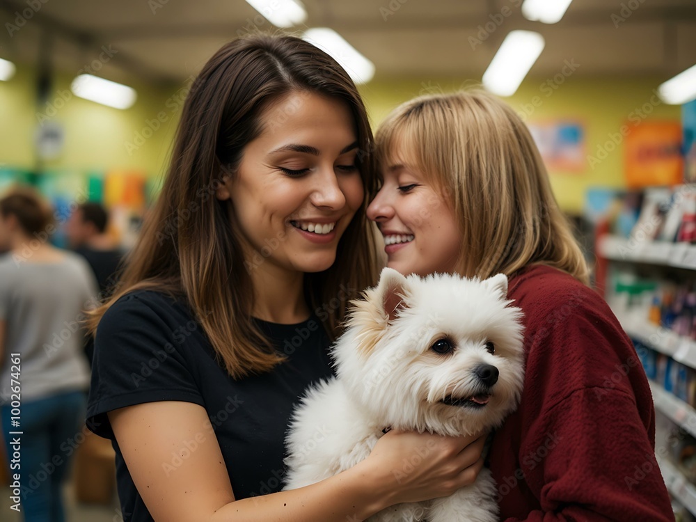 Woman bonding with her fluffy dog in a pet store Woman bonding with her fluffy dog in a pet store