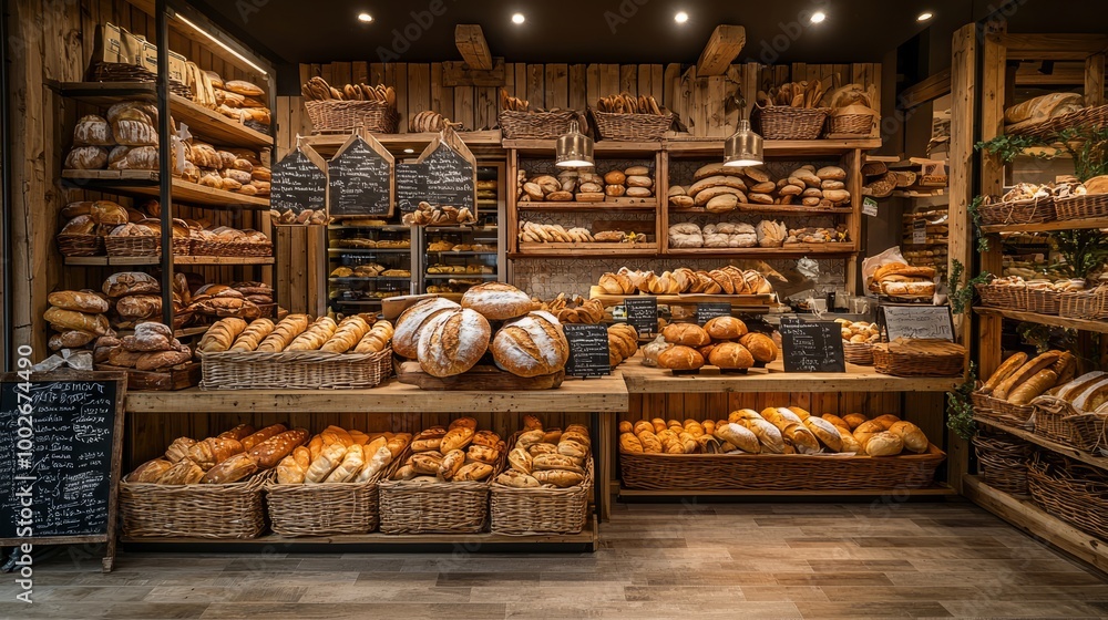 Assortment of freshly baked bread displayed in a rustic bakery setting Assortment of freshly baked bread displayed in a rustic bakery setting