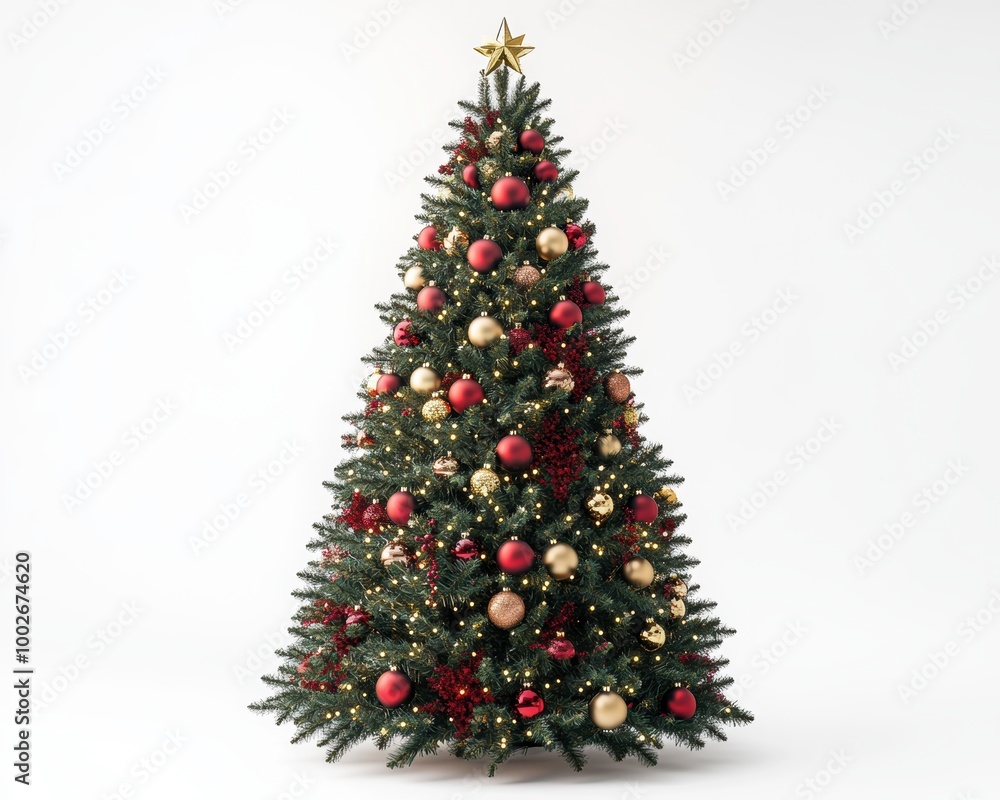 Elegant tall Christmas tree with a mix of traditional red and gold ornaments, beautifully lit, placed on a pristine white background for a classic holiday look, High-angle view Elegant tall Christmas tree with a mix of traditional red and gold ornaments, beautifully lit, placed on a pristine white background for a classic holiday look, High-angle view