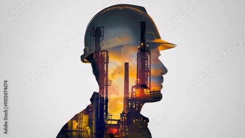 Double Exposure Silhouette of a Man in a Hard Hat Against an Industrial Background Factory Structures with Warm Orange Glow Contrasting the Dark Silhouette, Suggesting Sunrise or Sunset