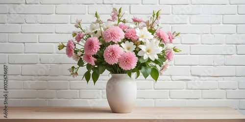 A vase of pink and white flowers on a wooden table against a white brick wall.
