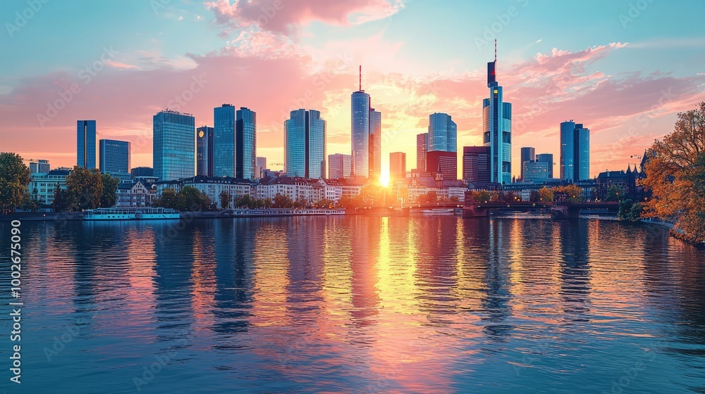 Modern city skyline reflecting in water during sunset with vibrant colors Modern city skyline reflecting in water during sunset with vibrant colors