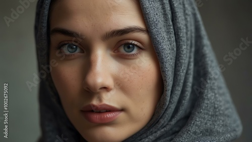 Woman in a gray headscarf, close-up portrait.