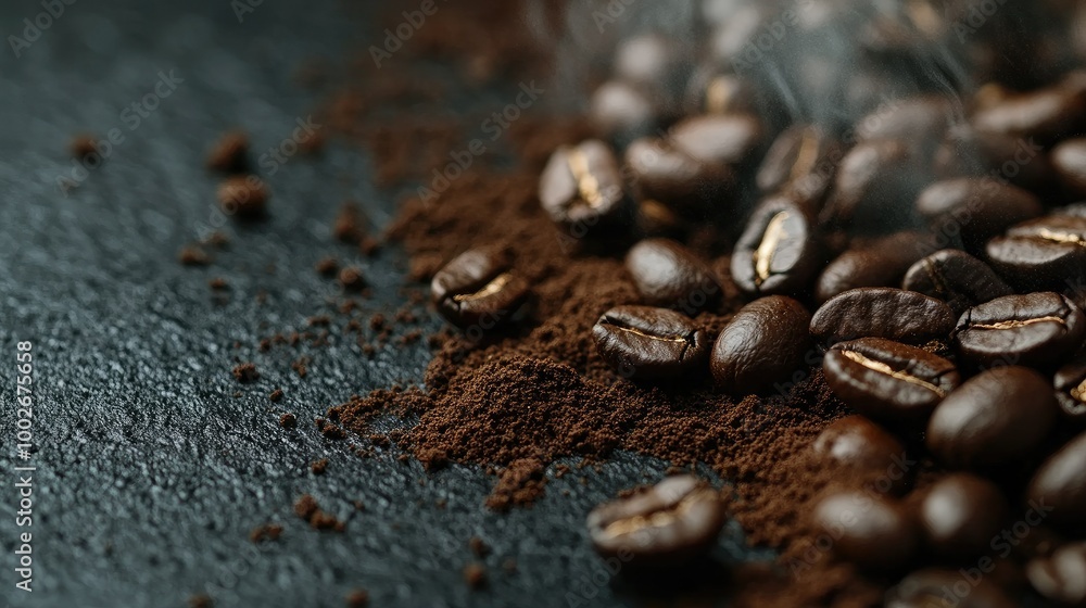 Motion shot of coffee beans with hot steam rising, alongside scattered grounds on a dark, textured surface. Motion shot of coffee beans with hot steam rising, alongside scattered grounds on a dark, textured surface.