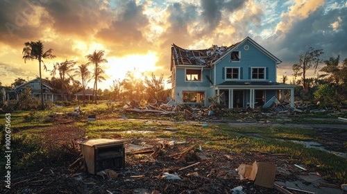 Damaged house after a natural disaster with debris scattered around at sunset