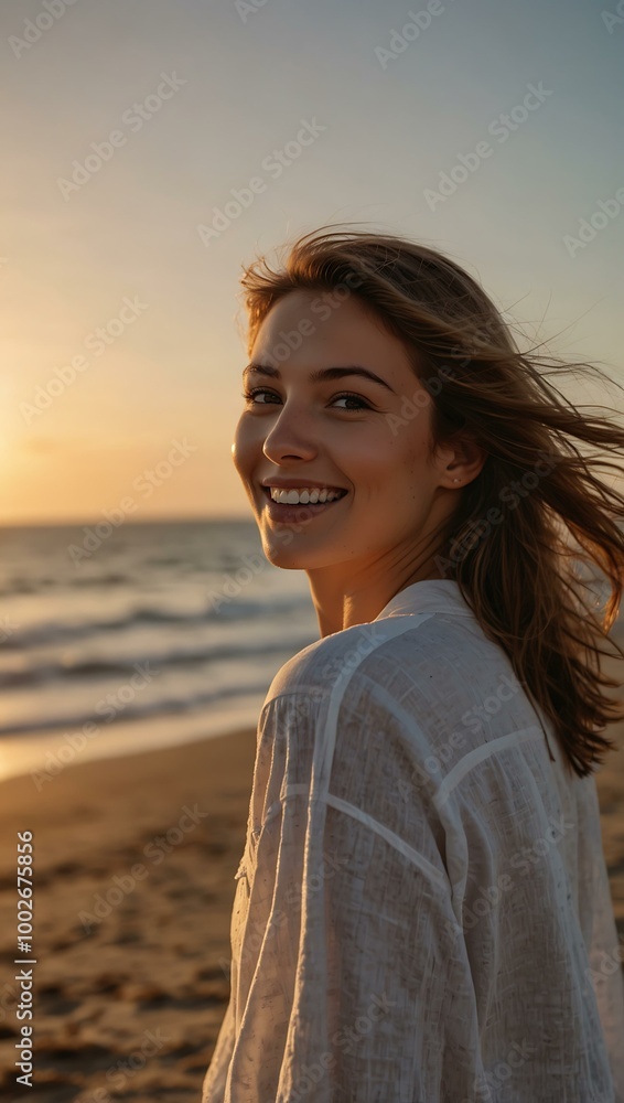 Woman smiling at the beach during sunset, exuding happiness Woman smiling at the beach during sunset, exuding happiness