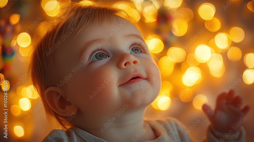 A joyful baby gazing upwards with twinkling lights in the background. A joyful baby gazing upwards with twinkling lights in the background.