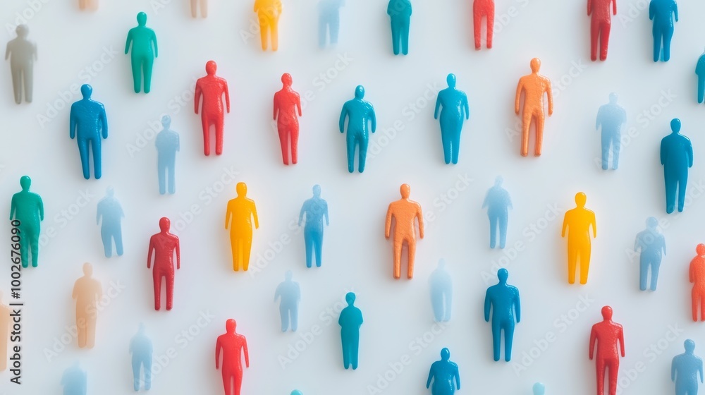 Colorful plastic figures of people arranged in a grid on a white surface. Highlighting diversity, equity, inclusion, and individuality. Colorful plastic figures of people arranged in a grid on a white surface. Highlighting diversity, equity, inclusion, and individuality.