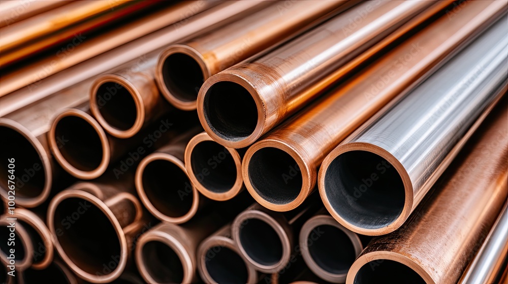 Steel pipes of various sizes are neatly stacked in a warehouse, ready for use in metal production and industrial construction projects. The tubes showcase a smooth, textured finish Steel pipes of various sizes are neatly stacked in a warehouse, ready for use in metal production and industrial construction projects. The tubes showcase a smooth, textured finish