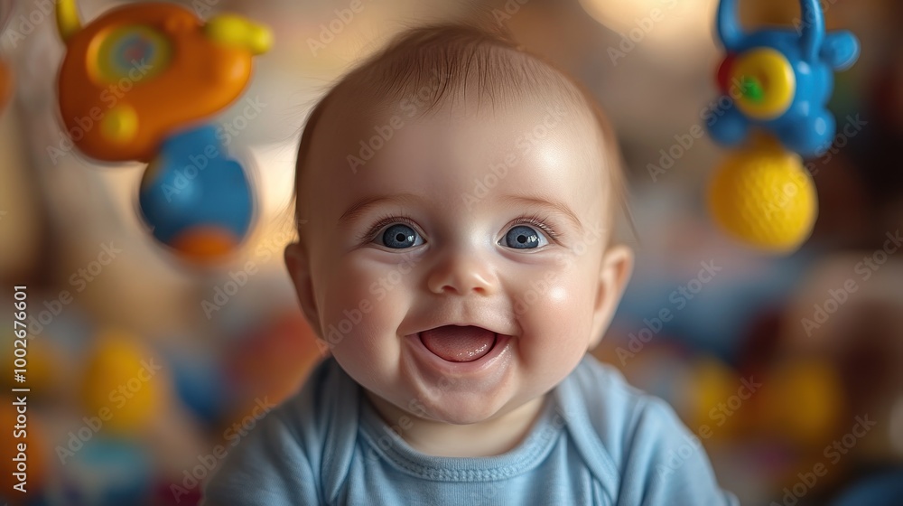 Happy baby smiling amidst colorful toys in a playful setting. Happy baby smiling amidst colorful toys in a playful setting.