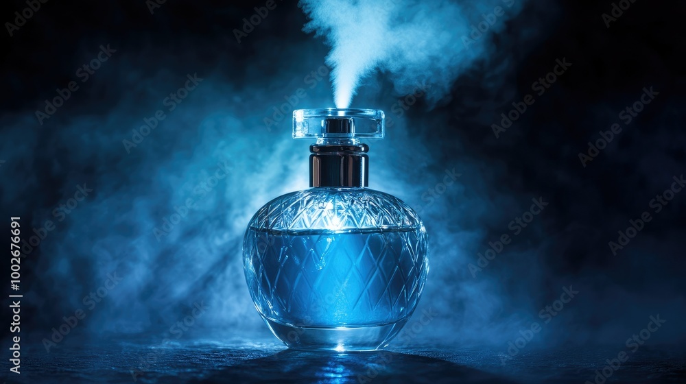 Perfume bottle releasing a gentle mist, with the spray glowing softly against a dark background. Perfume bottle releasing a gentle mist, with the spray glowing softly against a dark background.