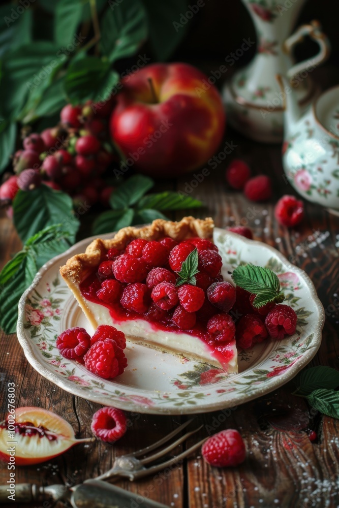 A slice of pie in plate with raspberry fruit on table A slice of pie in plate with raspberry fruit on table