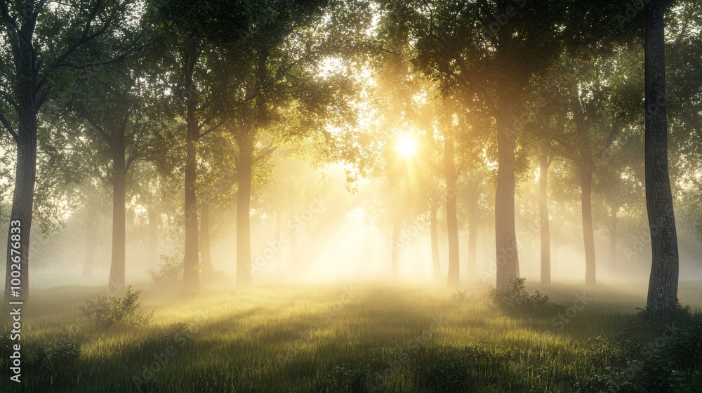 A foggy forest at sunrise, with diffused light gently breaking through the mist A foggy forest at sunrise, with diffused light gently breaking through the mist