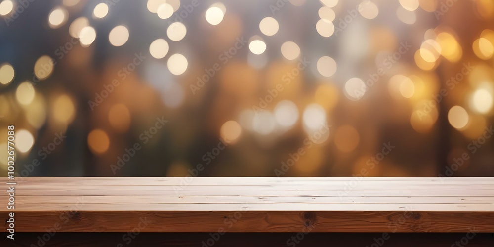 Wooden table with blurred background of warm lights and autumn foliage.