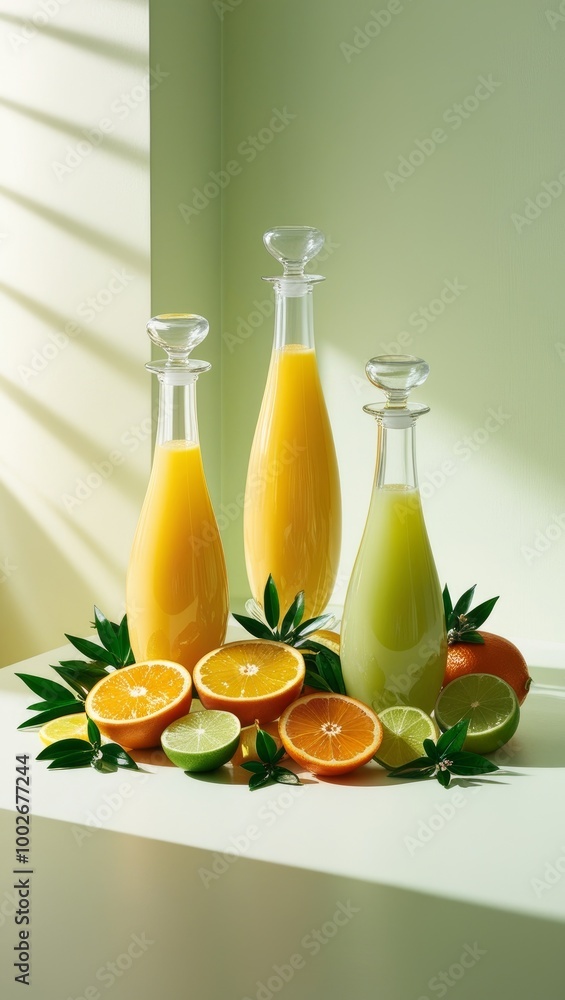 Citrus fruit juices, fresh and smoothies, food background.Mix of different cut fruits: orange, grapefruit, lime, tangerine with leaves, herbs and bottles with beverage. AI generated Citrus fruit juices, fresh and smoothies, food background.Mix of different cut fruits: orange, grapefruit, lime, tangerine with leaves, herbs and bottles with beverage. AI generated