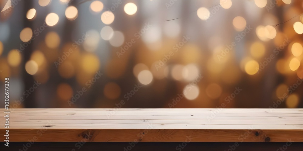Wooden table with blurred background of warm lights and autumn foliage. Wooden table with blurred background of warm lights and autumn foliage.
