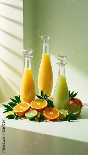 Citrus fruit juices, fresh and smoothies, food background.Mix of different cut fruits: orange, grapefruit, lime, tangerine with leaves, herbs and bottles with beverage. AI generated