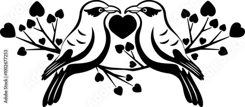 Silhouette of couple shrike birds sit at tree branch with heart shaped leaves. Abstract simple bird illustration, black silhouette. Laser cut template, wall decor.