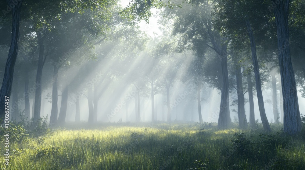 A foggy morning in a tranquil forest, with light softly diffusing through the mist A foggy morning in a tranquil forest, with light softly diffusing through the mist