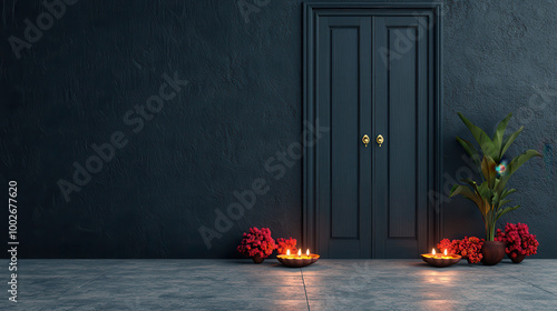 beautifully adorned Indian door with Diwali decorations, surrounded by vibrant flowers and glowing candles, creates warm and inviting atmosphere. rich colors and elegant design evoke sense of photo