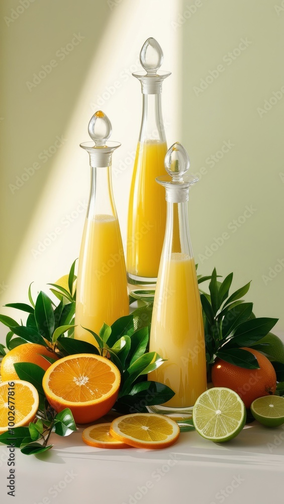 Citrus fruit juices, fresh and smoothies, food background.Mix of different cut fruits: orange, grapefruit, lime, tangerine with leaves, herbs and bottles with beverage. AI generated Citrus fruit juices, fresh and smoothies, food background.Mix of different cut fruits: orange, grapefruit, lime, tangerine with leaves, herbs and bottles with beverage. AI generated