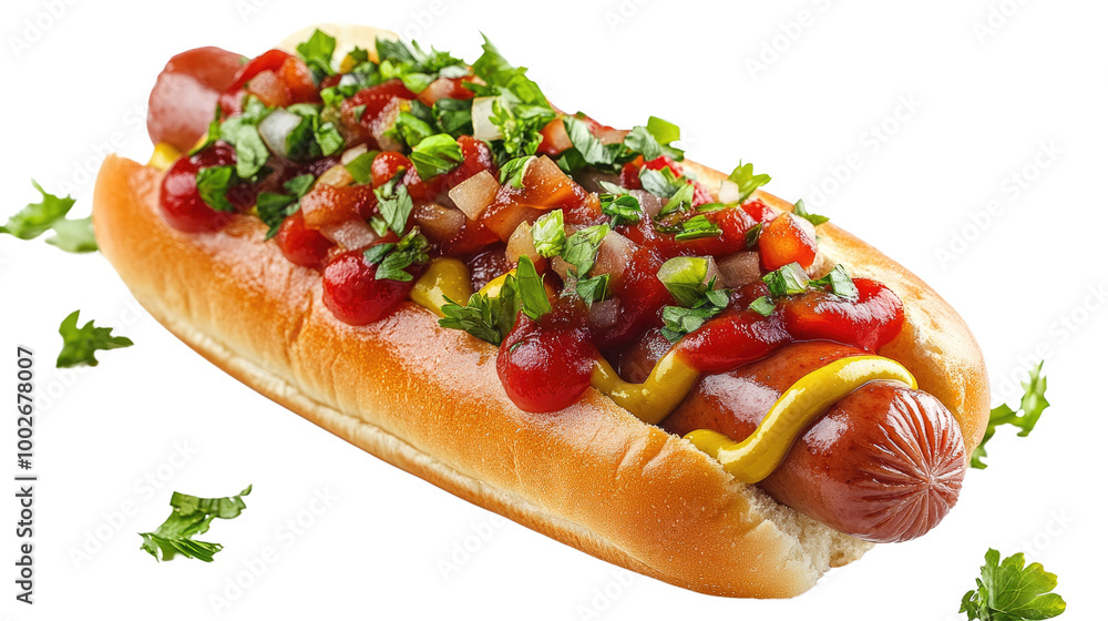 hot dog with mustard and ketchup isolated on white background hot dog with mustard and ketchup isolated on white background