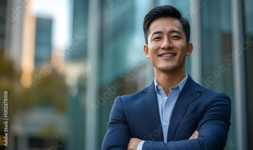 successful, confident Asian man standing optimistically in front of a corporate building, Generative AI photo