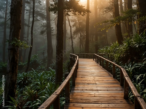 Wooden walkway in Alishan National Park, Taiwan, with warm orange lighting. photo