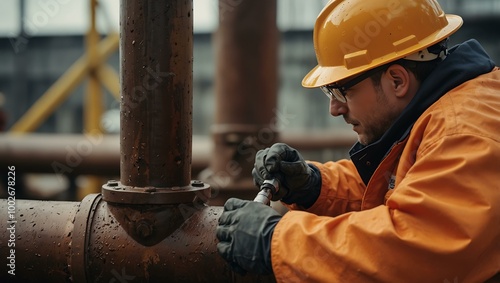 Worker in orange uniform adjusting a valve on a large pipe.