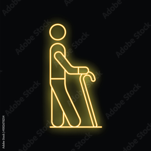 Neon sign illustrating an elderly man using a cane to walk