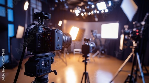 Professional video cameras set up in a sleek recording studio with soft lighting and a minimalistic background for shooting.