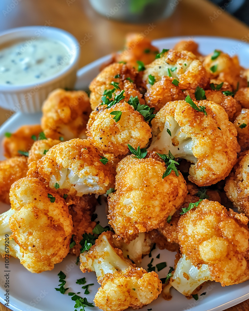 A plate of crispy fried broccoli served with a creamy yogurt dip, offering a delicious and healthy snack or appetizer option A plate of crispy fried broccoli served with a creamy yogurt dip, offering a delicious and healthy snack or appetizer option