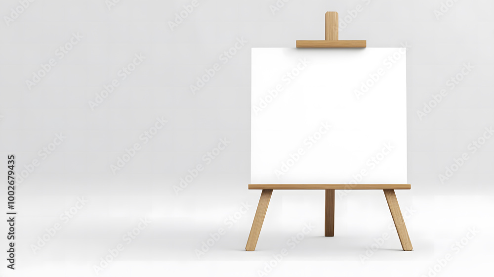 Blank Wooden Easel with White Canvas on Minimalist Background Blank Wooden Easel with White Canvas on Minimalist Background