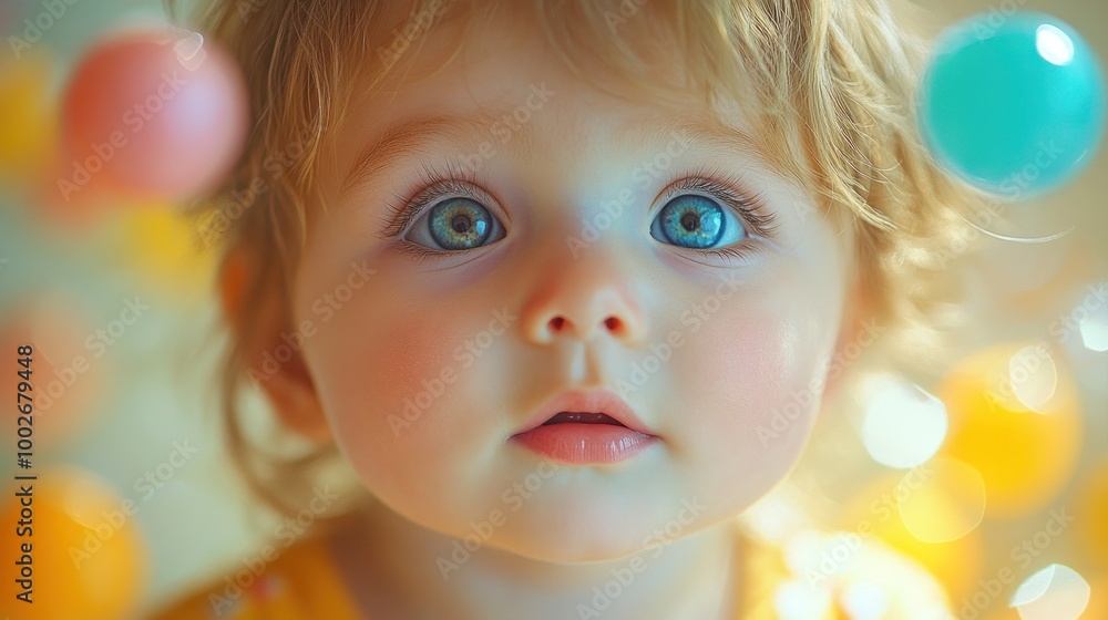 A close-up of a curious baby surrounded by colorful balls. A close-up of a curious baby surrounded by colorful balls.