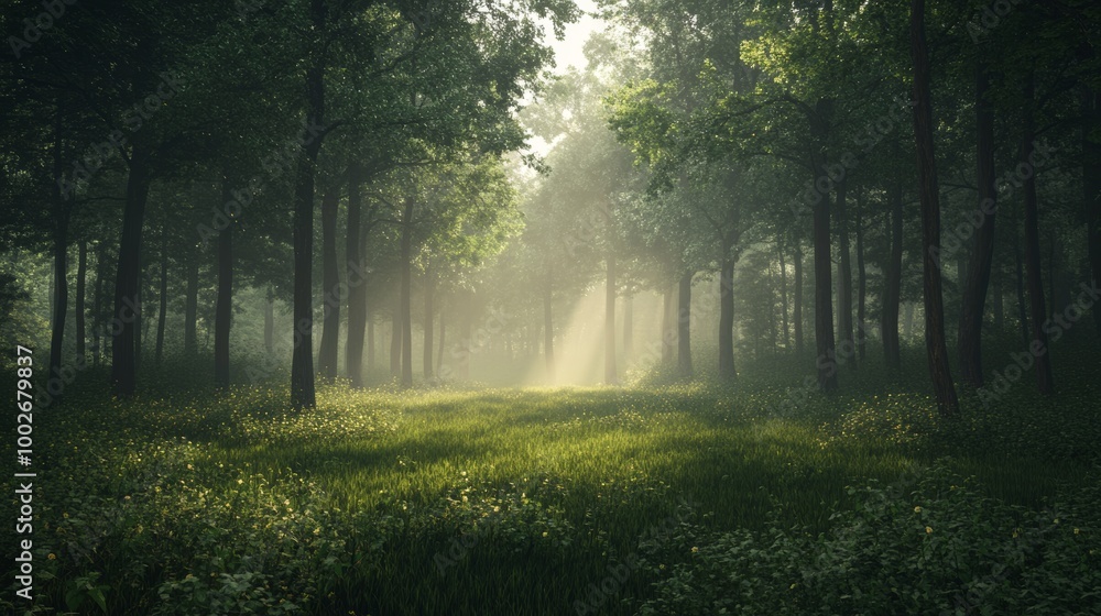 A peaceful forest at dawn, with diffused light softly filtering through the mist A peaceful forest at dawn, with diffused light softly filtering through the mist
