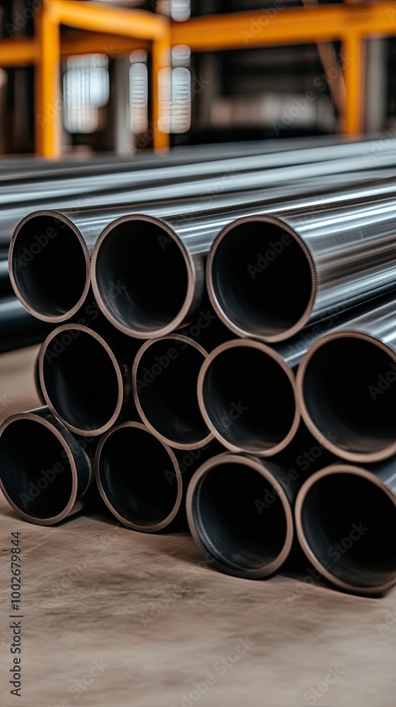 Steel pipes of various sizes are neatly stacked in a warehouse, ready for use in metal production and industrial construction projects. The tubes showcase a smooth, textured finish Steel pipes of various sizes are neatly stacked in a warehouse, ready for use in metal production and industrial construction projects. The tubes showcase a smooth, textured finish