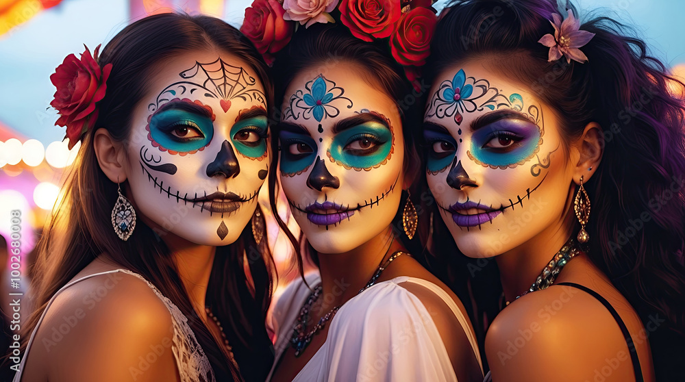 a group of beautiful women with painted sugar skull on their face for Mexico's Day of the Dead a group of beautiful women with painted sugar skull on their face for Mexico's Day of the Dead
