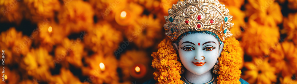 close up of beautifully adorned idol of Lakshmi, surrounded by vibrant marigold flowers, radiating sense of peace and devotion. intricate details of idol are highlighted against warm, floral close up of beautifully adorned idol of Lakshmi, surrounded by vibrant marigold flowers, radiating sense of peace and devotion. intricate details of idol are highlighted against warm, floral