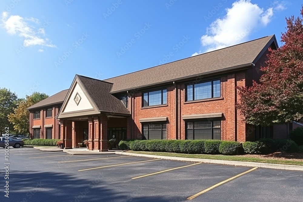 Large Red Brick Building with Front Parking Lot, Generative AI Large Red Brick Building with Front Parking Lot, Generative AI
