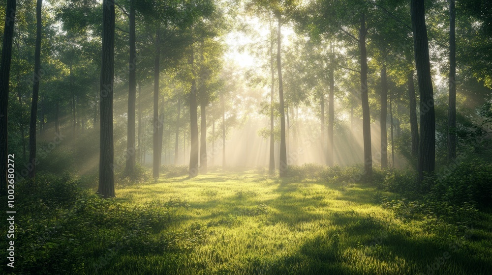 Fototapeta premium A peaceful forest clearing at sunrise, with soft light filtering through the morning mist
