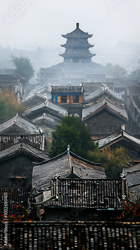 Traditional Japanese town featuring a serene temple, surrounded by lush greenery, picturesque streets, and historic architecture, embodying rich culture and tranquil atmosphere.