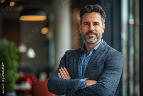 Portrait of successful businessman standing with arms crossed standing in front of modern office, Generative AI