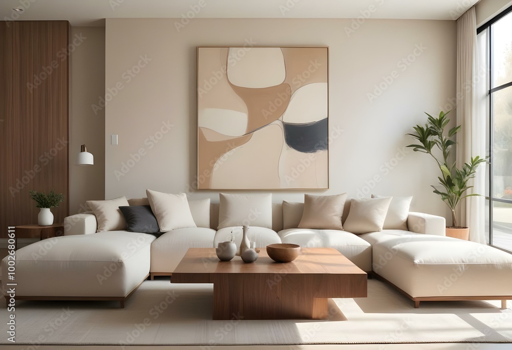 A modern and minimalist living room with a large beige sectional sofa, a wooden coffee table, and a large abstract artwork on the wall. A modern and minimalist living room with a large beige sectional sofa, a wooden coffee table, and a large abstract artwork on the wall.
