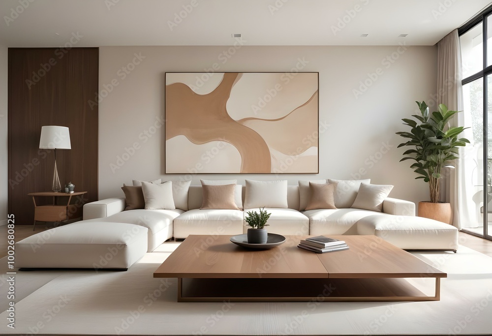 A modern and minimalist living room with a large beige sectional sofa, a wooden coffee table, and a large abstract artwork on the wall. A modern and minimalist living room with a large beige sectional sofa, a wooden coffee table, and a large abstract artwork on the wall.