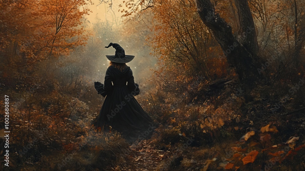 Fototapeta premium Enchanting portrayal of a witch on Halloween. A spellbinding young woman in a witch's hat performs mysterious incantations, conjuring amidst an eerie forest background