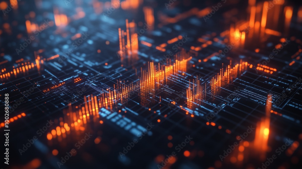 A digital background featuring financial charts and graphs, representing stock market data orhibocha grid with glowing light effects on the right side of composition A digital background featuring financial charts and graphs, representing stock market data orhibocha grid with glowing light effects on the right side of composition