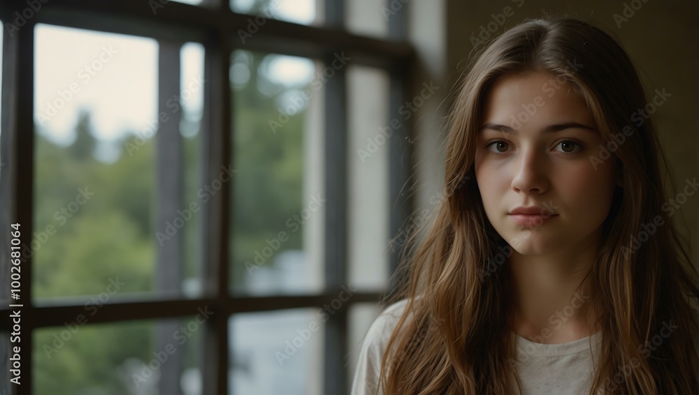 Young woman with long brown hair standing by a window. Young woman with long brown hair standing by a window.